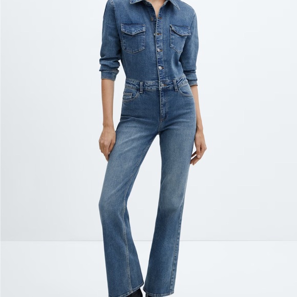 Mango Soft Denim Jumpsuit in Blue Cotton Long Sleeve Buttons - Picture 2 of 6